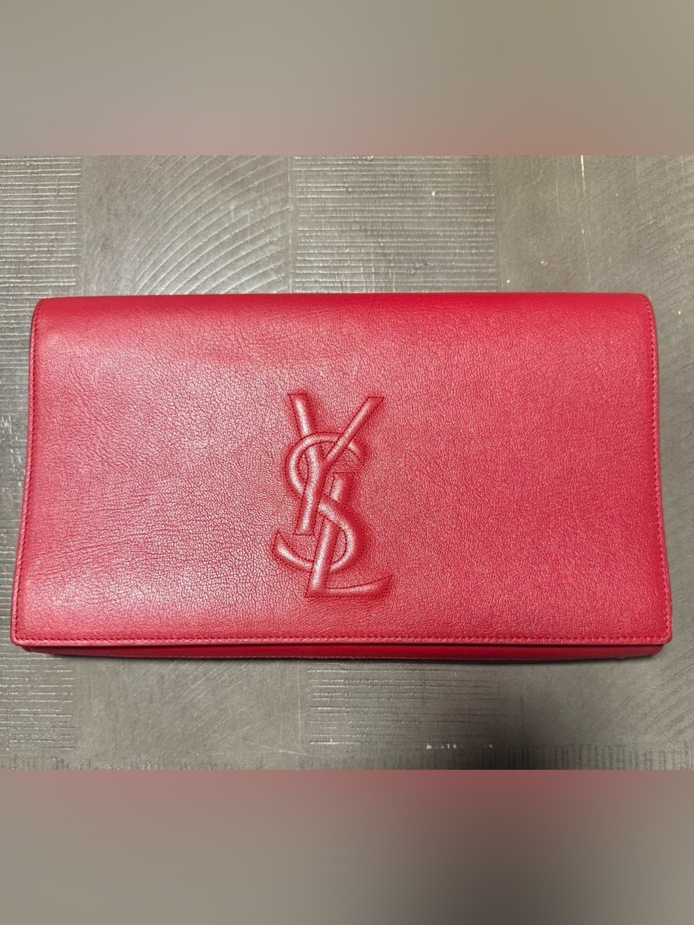 Saint Laurent Pink-Red Leather Envelope Wallet with Embossed YSL